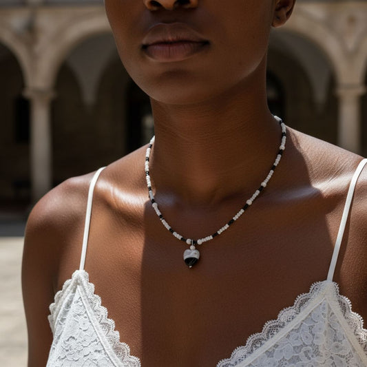 White Pearl Shell and Black Spinel Necklace