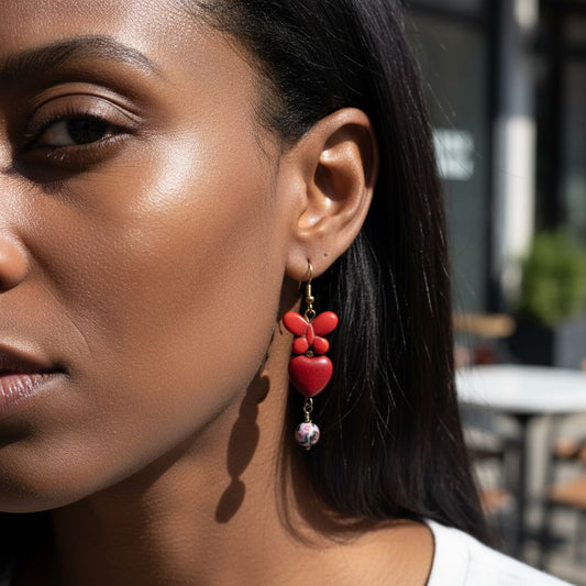 Red Howlite Butterfly and Heart Earrings