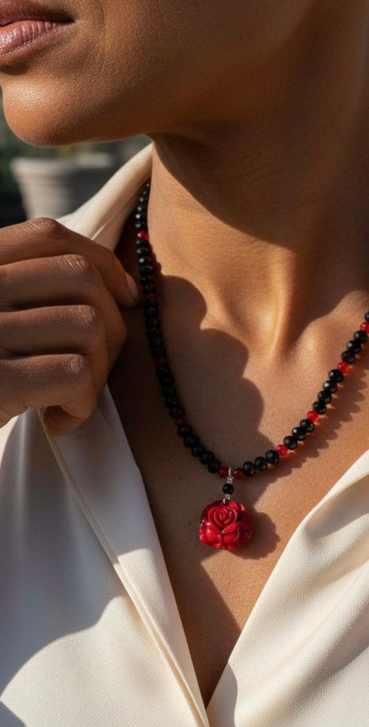 Black and Red Czech Glass Rose Pendant Necklace